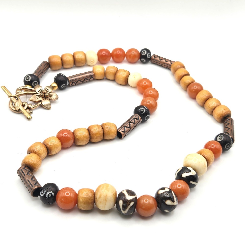 Handmade Beaded Necklace Orange Stone Wood Copper Tone Floral Toggle Clasp 18in
